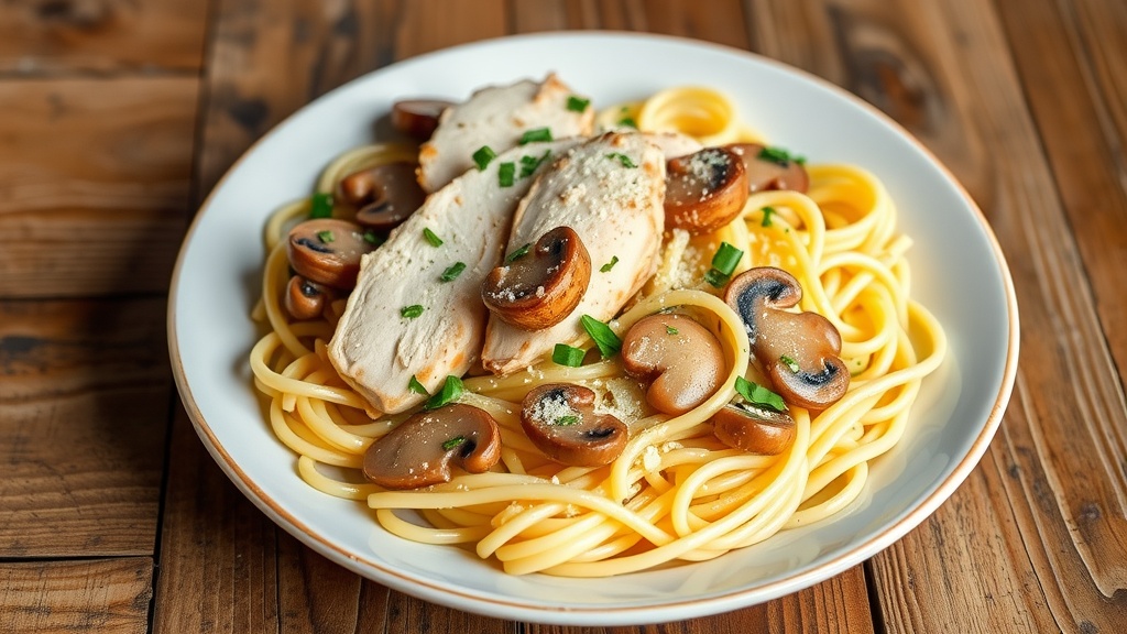 Savory Chicken Marsala Pasta Recipe Creamy Chicken Marsala Pasta with chicken, mushrooms, and parsley, served on a rustic wooden table.
